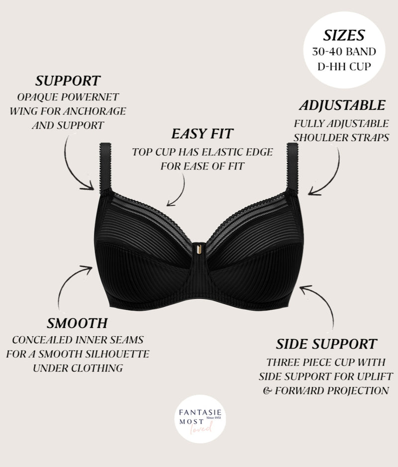 Diagram of Fantasie Fusion Side Support Bra in Black with annotations showing key features