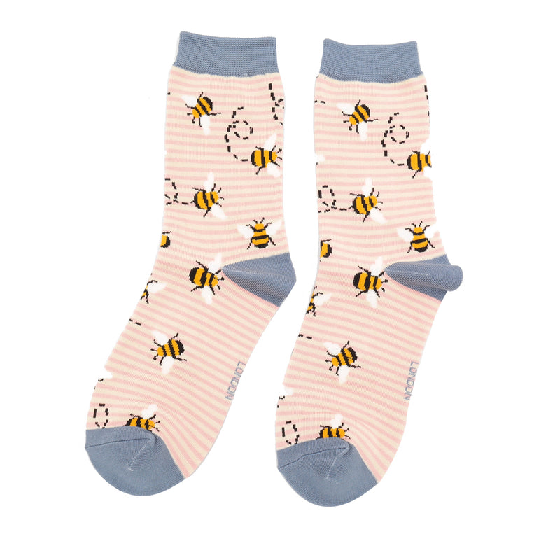 Miss Sparrow Bees Stripes Socks in Dusky Pink & Cream