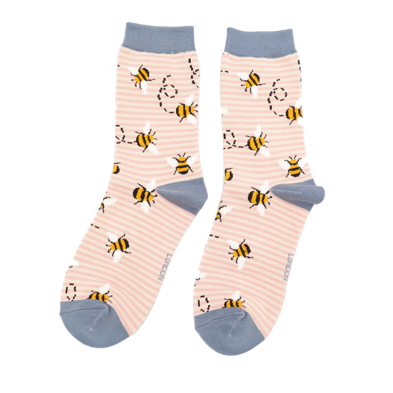 Miss Sparrow Bees  Stripes Socks In Dusky Pink & Cream