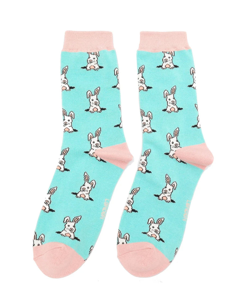 Miss Sparrow Peek a Boo Bunnies Socks in Aqua