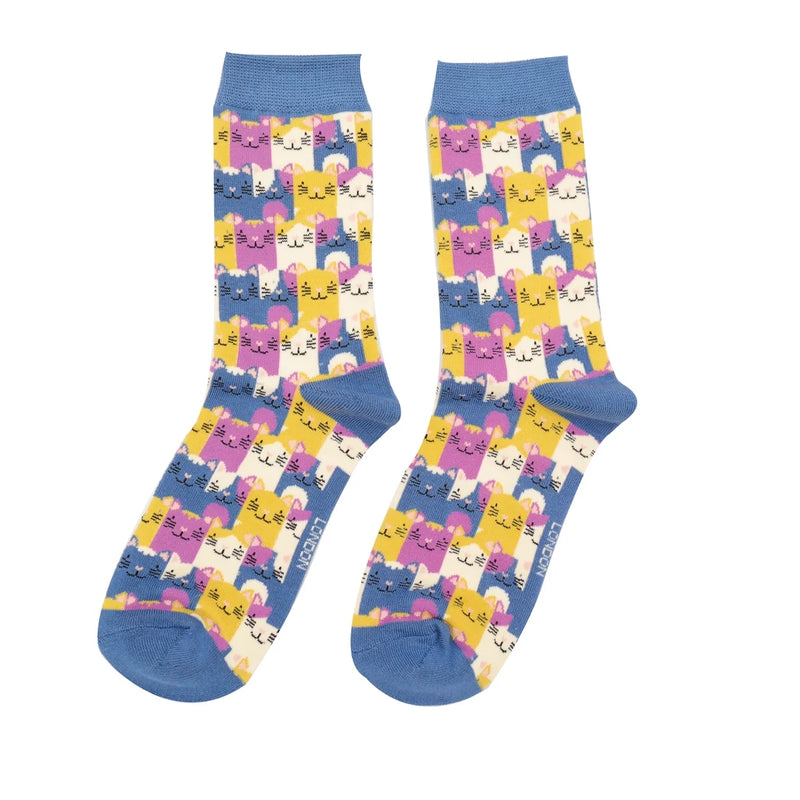 Miss Sparrow Happy Cats Socks In Denim