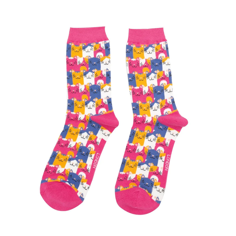 Miss Sparrow Happy Cats Socks In Hot Pink