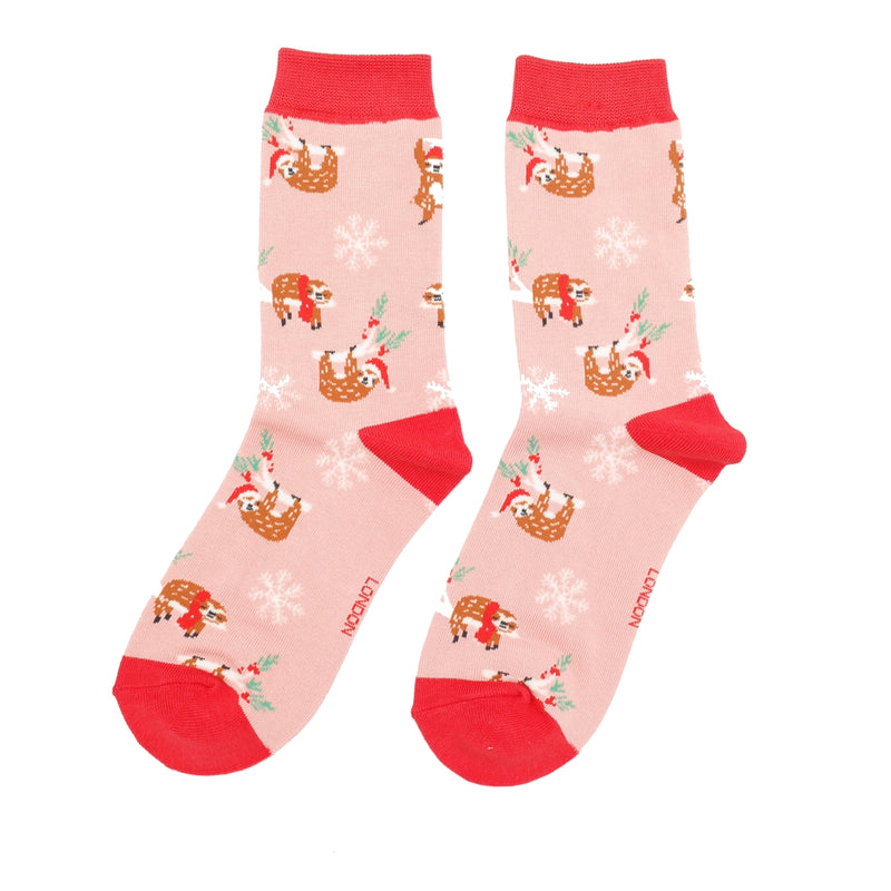Miss Sparrow Xmas Sloth Socks In Dusky Pink
