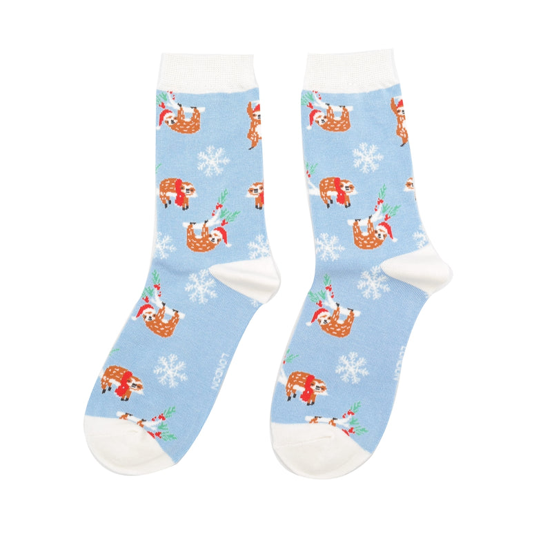 Miss Sparrow Xmas Sloth Socks In Powder Blue