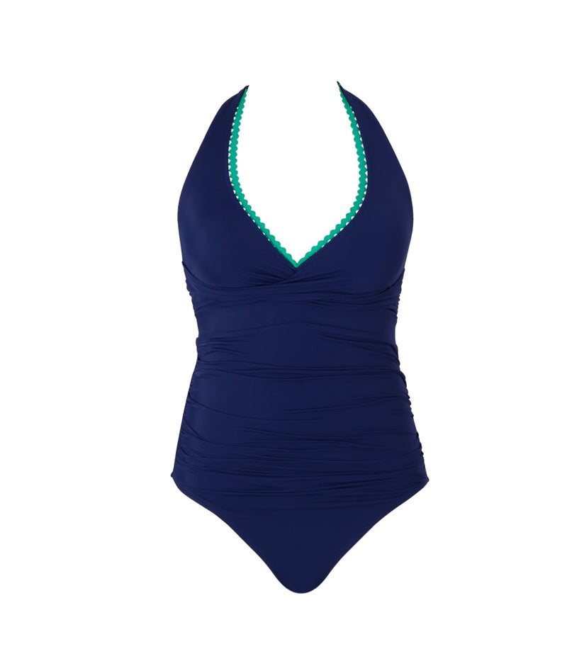 Panache Faye Non-Wired Halter Neck Swimsuit in Ric Rac Navy