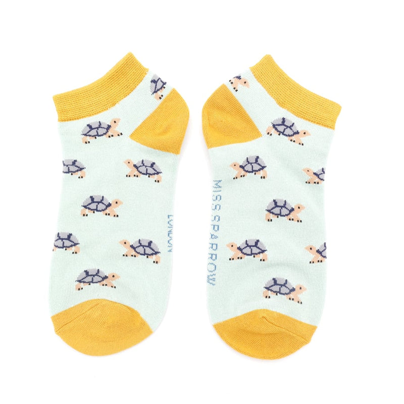 Miss Sparrow Turtles Print Trainer Socks in Duck Egg
