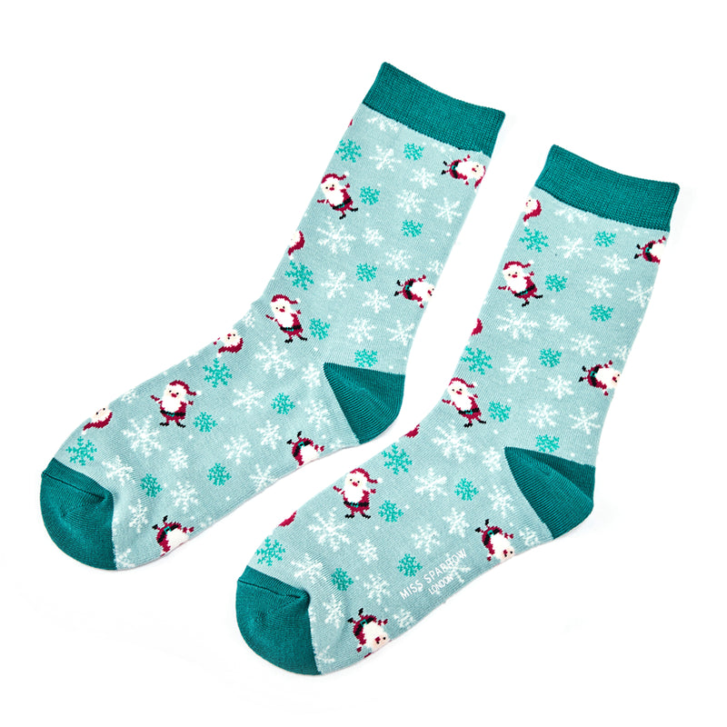 Miss Sparrow Snowflakes & Santas Socks In Duck Egg
