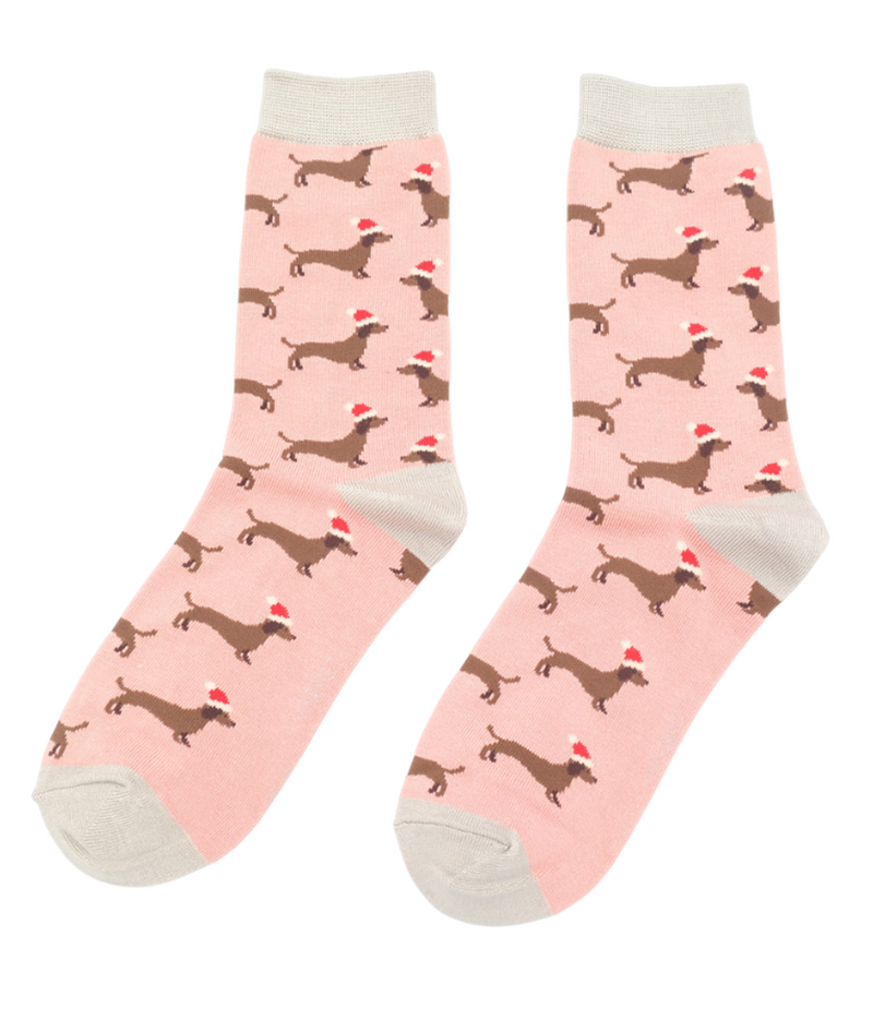 Miss Sparrow Sausage Dog Santa Socks In Dusky Pink