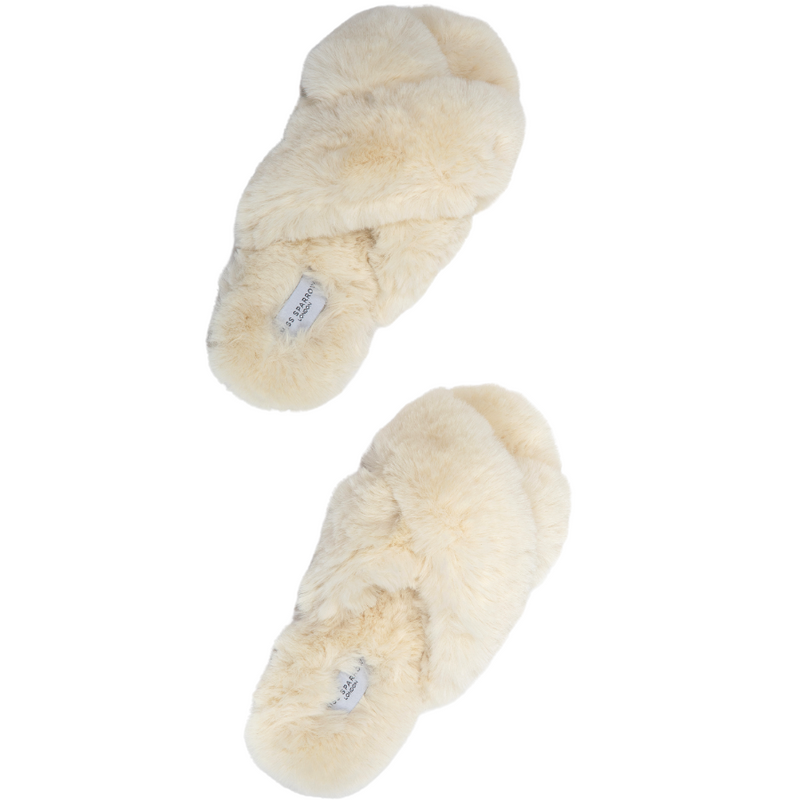 Miss Sparrow Faux Fur Crossover Slider Slippers In Cream
