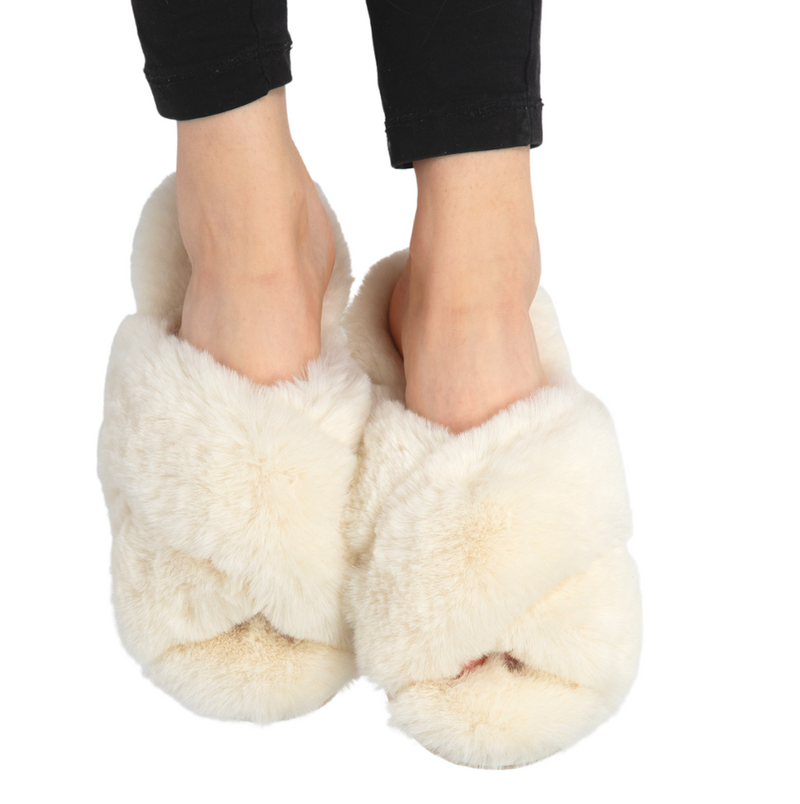 Miss Sparrow Faux Fur Crossover Slider Slippers In Cream Mish