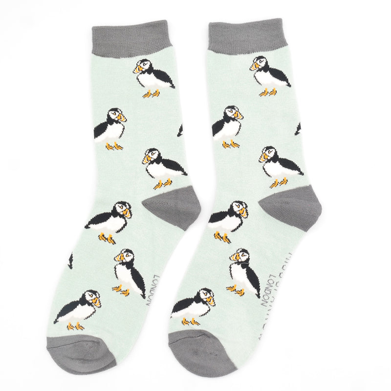 Miss Sparrow Puffin Print Socks In Duck Egg