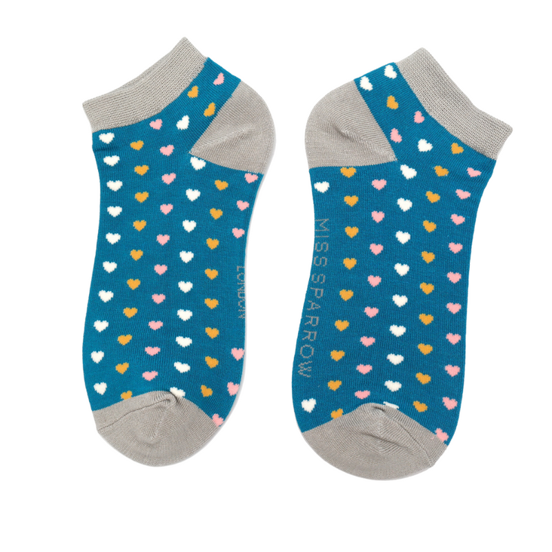 Miss Sparrow Heart Print Trainer Socks In Teal